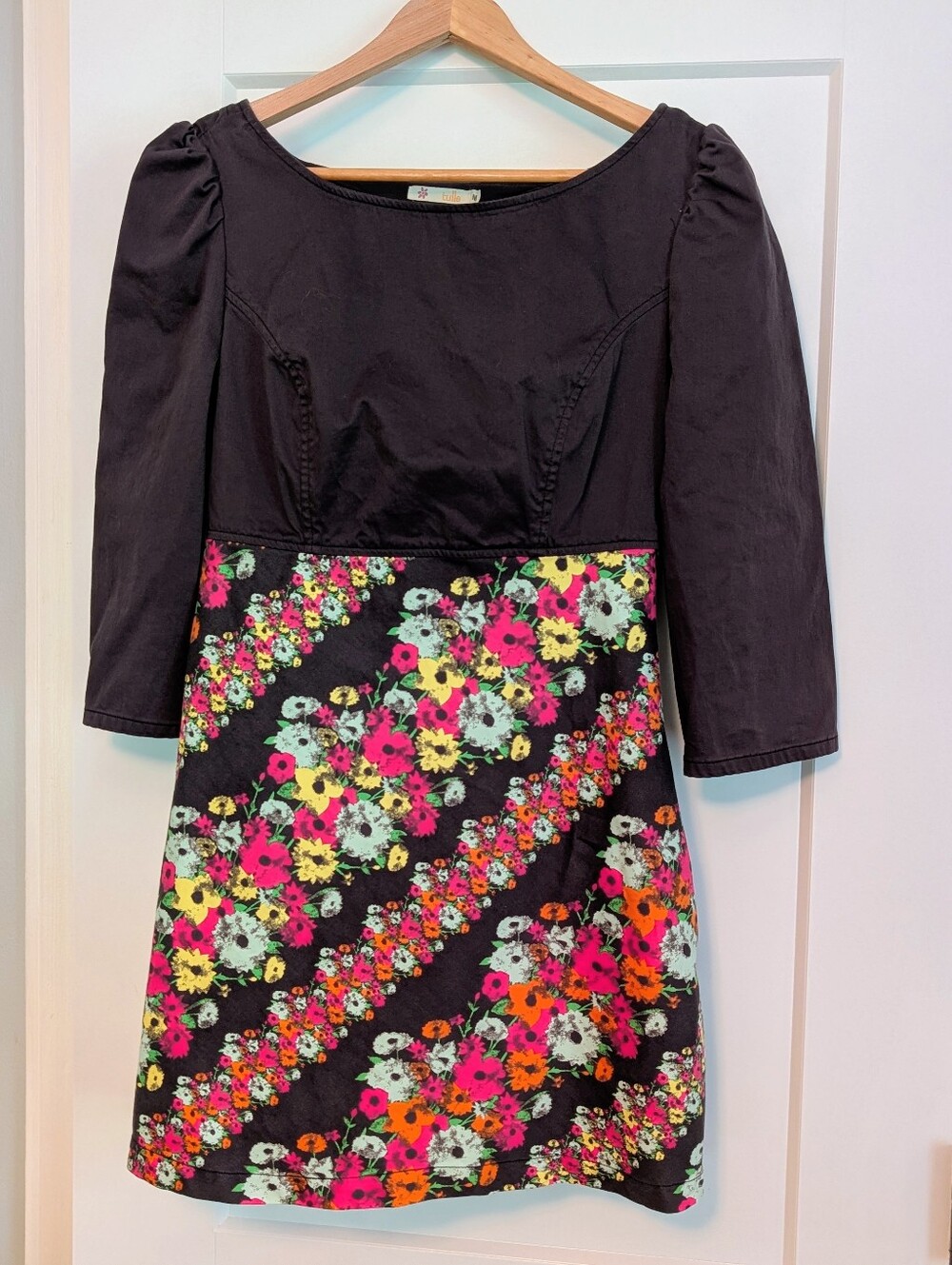 Tulle Super Fun Dark Chocolate Floral A-Line Dress with Puff Shoulders